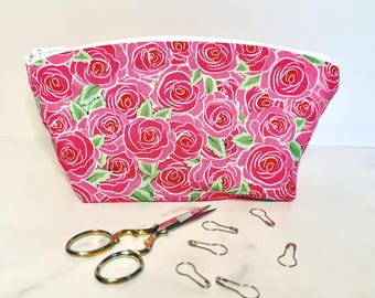 Pink Roses Knitting Notions Bag and Stitch Marker
