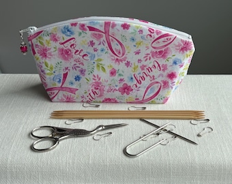Breast Cancer Floral Ribbon Knitting and Crochet Notions Bag and Stitch Marker