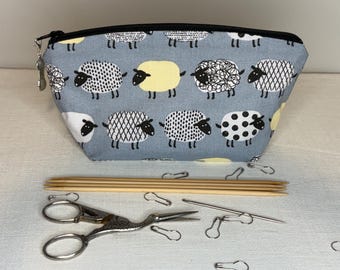 Knitting/ Crochet Notions Bag and Stitch Marker with Gray Sheep Print