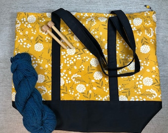 Gold Floral Knitting and Crocheting Tote Bag