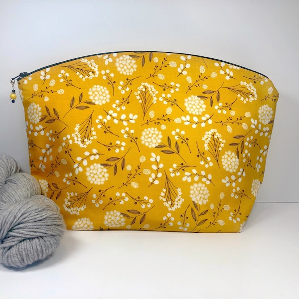 Gold Floral Large Knitting and Crocheting Project Bag