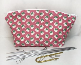 Pink and Green Teacups Knitting Notions Bag and Stitch Marker