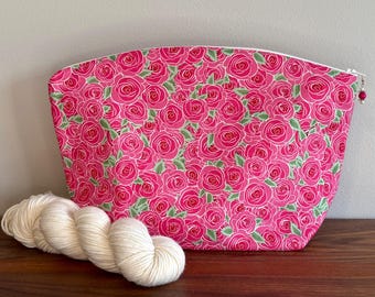Large Knitting/ Crochet Project Bag with Pink Roses Print