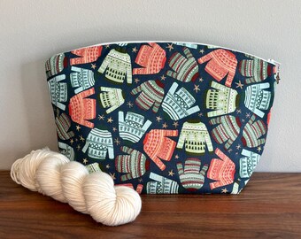 Large Knitting/ Crocheting Project Bag with Colorwork Sweaters Print