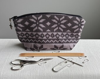 Knitting/ Crochet Notions Bag and Stitch Marker with Gray Colorwork Print