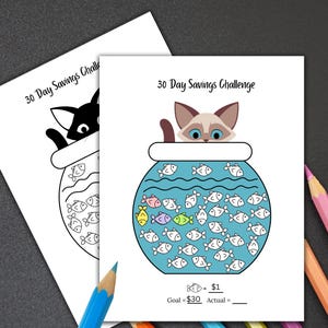 30 Day Savings Challenge, Kids Saving Fund, Cute Cat Savings Tracker, Printable Saving Goal, Saving Printable