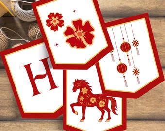 Banner imprimible de Feliz Año Nuevo Lunar, Decoración del Año del Caballo 2026, Banderín con letras rojas y doradas