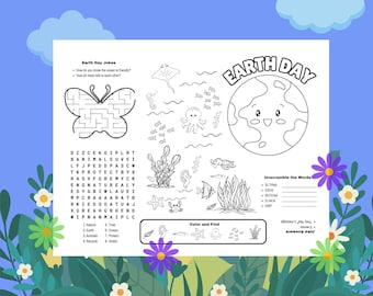 Earth Day Placemat, Earth Day Activity Sheet for School, Earth Day Coloring, Earth Day for Kids