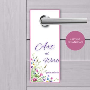 Plaque de porte oeuvre d&#39;art au travail, oeuvre d&#39;art en session, plaque de porte imprimable, plaque de poignée de porte de studio d&#39;art, Ne pas déranger, signe calme s&#39;il vous plaît, travail en cours