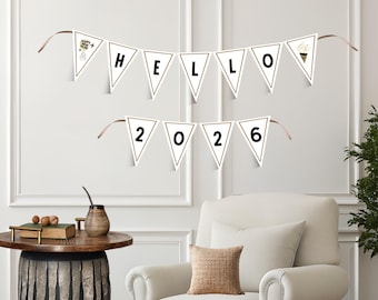 Banner de Hola 2026, decoración imprimible de Nochevieja, guirnalda de Feliz Año Nuevo