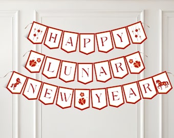 Banner imprimible de Feliz Año Nuevo Lunar, Decoración del Año del Caballo 2026, Banderín con letras rojas y doradas