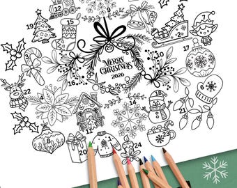 2026 Advent Calendar to Color - Featuring Christmas Wreath, Countdown to Christmas, Printable Coloring Page