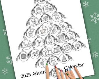 Calendario de Adviento 2025 para colorear: con adorables gatos y un árbol de Navidad, cuenta regresiva para Navidad y página para colorear imprimible.