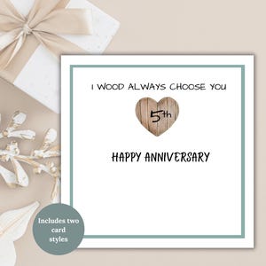 Cartão de 5º aniversário, aniversário de madeira para impressão para ele, cartão de aniversário de 5 anos, cartão de aniversário de madeira, aniversário de 5 anos para ela