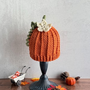 Pumpkin Hat with Flower, Halloween Beanie for Adult Man or Woman, Handmade Fall Hats, Ready to Ship, Night and Day Crochet
