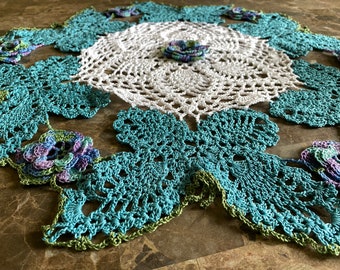 Butterfly and Rose Doily, 22 Inch Round Crochet Doily, Blue Green Purple and White Table Topper, Spring Decor, Handmade in the USA