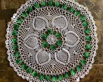 White and Shaded Green Shamrock Doily, 26 Inch Round Table Topper, Three Leaf Clover Night and Day Crochet, Saint Patrick's Day Decor