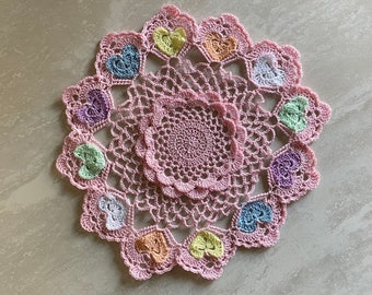Pink and Multi color Pastel Hearts Doily, 13 Inch Round, Romantic Handmade Gift, Valentine's,  Night and Day Crochet, Made to Order