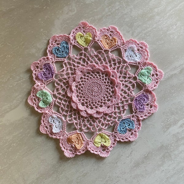 Pink and Multi color Pastel Hearts Doily, 13 Inch Round, Romantic Handmade Gift, Valentine's,  Night and Day Crochet, Made to Order