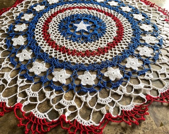 26 Inch Round Stars and Stripes Crochet Doily, Americana Style, Red White and Blue Table Topper, Independence Day, Handmade in the USA
