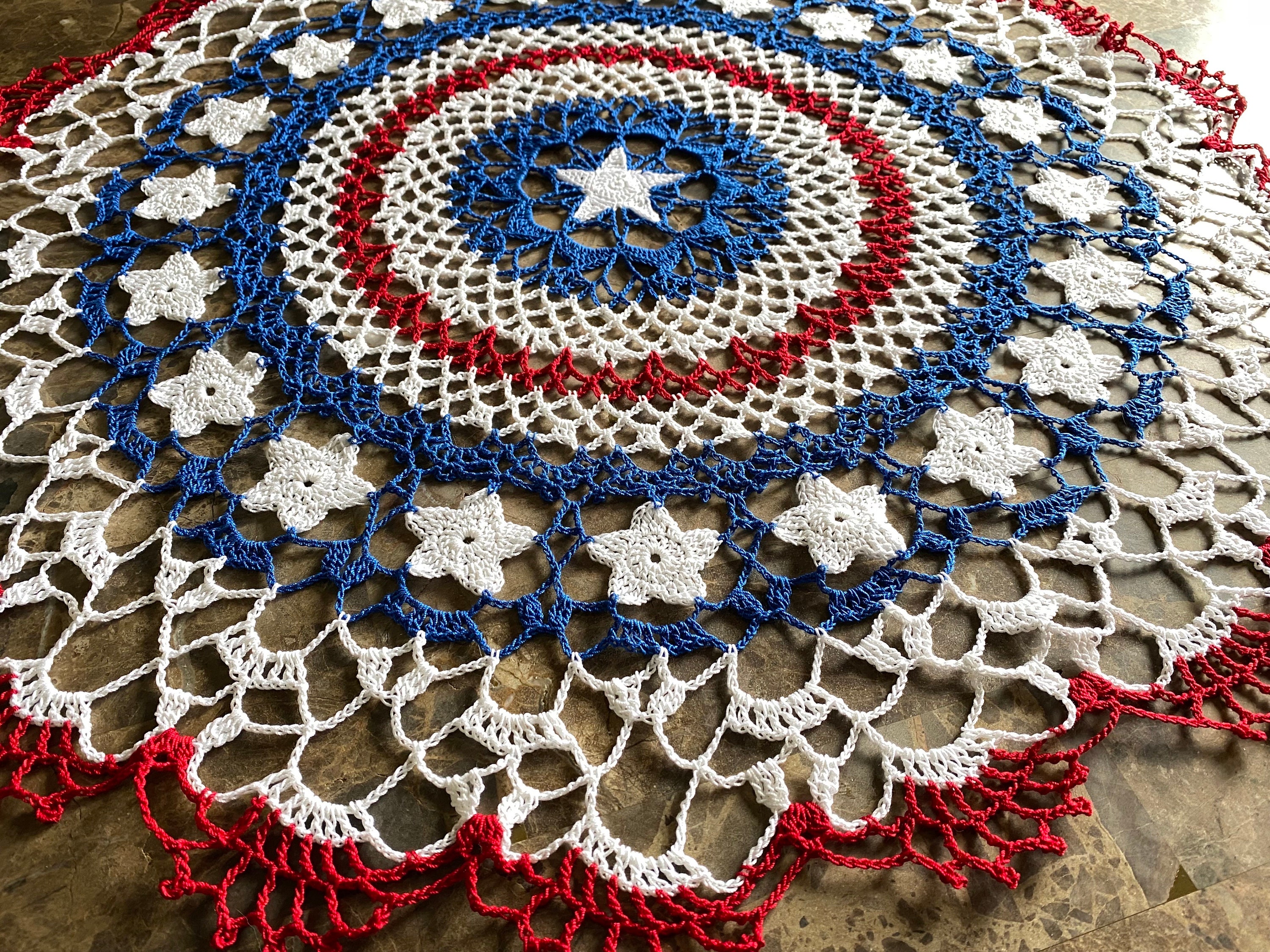 26 Inch Round Stars and Stripes Crochet Doily, Americana Style, Red White and Blue Table Topper, Independence Day, Handmade in the USA