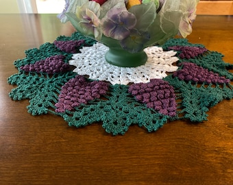 Purple Grapes Doily, Green and White Accent Colors,  16 Inch Crocheted Table Topper, Tuscan Kitchen, Wine Theme Decor, Handmade in the USA