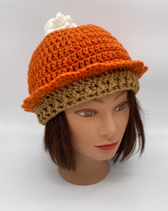 Handmade Wool Cream Knit Beanie with Orange Accent Hand Knit Coffee Beanie: Orange & Cream Hat With Faux Fur  main image 2