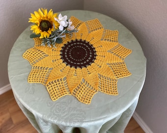 Sunflower Doily, Golden Yellow and Brown Table Topper, Crocheted Doilies, Summer Flower, Night and Day Crochet, Fall Table Decor