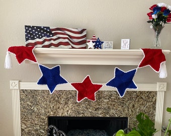 Star Table Runner, Banner Garland with Tassels, Red White and Blue, Mantle Swag, Wall Hanging, Costume Scarf, Fourth of July, Americana