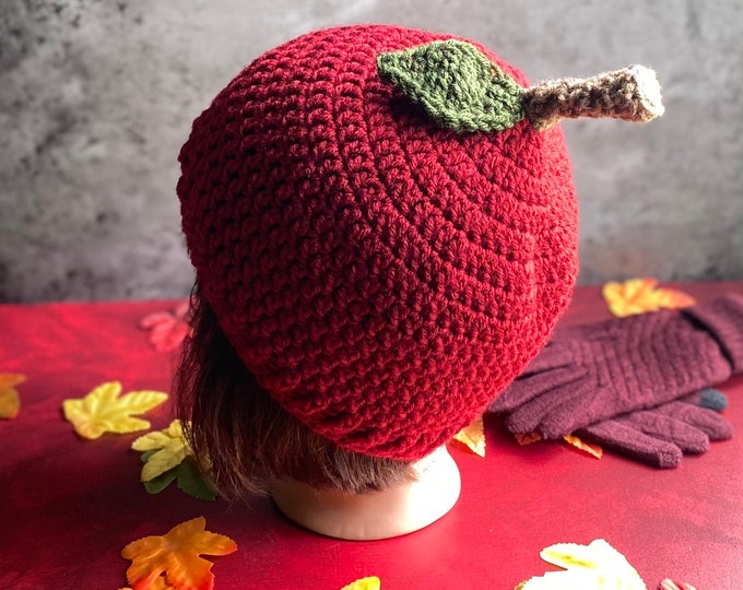 Red or Green Apple Hat with Leaf, Halloween Beanies, Fall Festival, Hats for Child or Small Adult, Handmade Toboggan, Night and Day Crochet