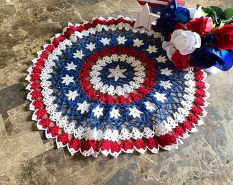 Patriotic Stars and Stripes Crochet Doily, 21 Inch Round Table Topper, Red White and Blue, Independence Day, Memorial Day