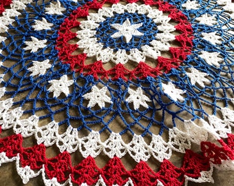 Patriotic Stars and Stripes Crochet Doily, 21 Inch Round Table Topper, Red White and Blue, Independence Day, Memorial Day