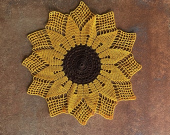 Sunflower Doily, Golden Yellow and Brown Table Topper, Crocheted Doilies, Summer Flower, Night and Day Crochet