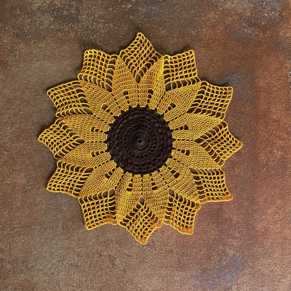 Sunflower Doily, Golden Yellow and Brown Table Topper, Crocheted Doilies, Summer Flower, Night and Day Crochet