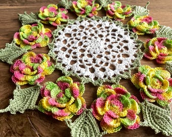 Yellow, Pink, and Green Flower Doily, 13 Inch Round, Handmade Crochet, Living Room Accent Table, Mother&#39;s Day Grandma Gift Decor