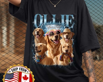 May include: Black t-shirt featuring a graphic of five golden retrievers, some wearing accessories like sunglasses and a hat. The word "OLLIE" is above the dogs, with "Your Text" below. Lightning bolts and stars surround the text and dogs.