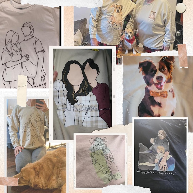 May include: A collage of images featuring custom-designed shirts with various illustrations and text. The designs include line drawings of couples, a dog, and a father and son. Some shirts feature the text "Love" and "Happy Father's Day Buddy!"
