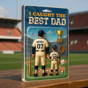 Ich habe den besten Dad-Baseball-Acrylanhänger gefangen, Sammelkartenstil Benutzerdefinierte Actionfigur-Plakette, kundenspezifischer Acrylblock, Vatertags-Vatergeschenk