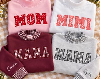 Personalized Embroidered Mama Nana Gingham Mock Neck, Custom Name Mom Dad Sweatshirt, Grandparents' Birthday, Mother's & Father's Day Gifts