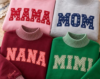 Personalized Embroidered Mama Nana Gingham Mock Neck, Custom Name Mom Dad Sweatshirt, Grandparents' Birthday, Mother's & Father's Day Gifts