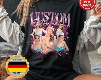 May include: Black t-shirt with a custom design featuring the word "CUSTOM" in a pink, glittery font above the words "Your Text". The design includes images of women and a purple lightning background.