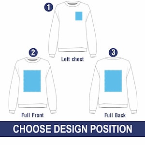 May include: Diagram showing three different design positions for a sweatshirt. The first position is on the left chest, the second is on the full front, and the third is on the full back.