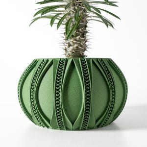 May include: A matte sage green planter with a rounded, bulbous shape and vertical, lattice-like structural ribs. The surface features a textured, 3D-printed finish with repeating geometric patterns. A spiky, green succulent plant grows from the center.