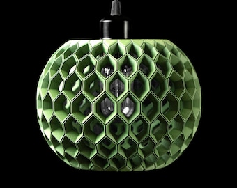 May include: A spherical pendant light fixture featuring a light green, 3D-printed honeycomb lattice structure. The shade surrounds a central clear glass light bulb, suspended from a black cord and a black cylindrical ceiling mount fixture.
