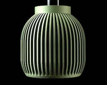 May include: A sage green pendant light fixture with a rounded, ribbed exterior design. The lamp features a series of vertical slats creating a textured, cylindrical shape, suspended from a black cord and a black circular mounting cap at the top.