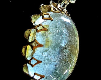Phantom Quartz Pendant; Lodolite; Green Garden Quartz. Brass. Chain Included