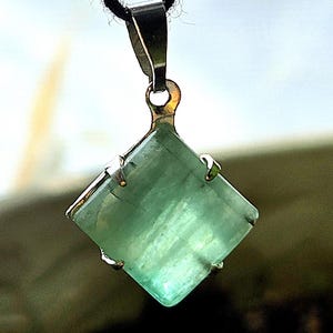 Natural Emerald Pendant, 13mm Diamond Shaped Polished Slab, 925 Plated