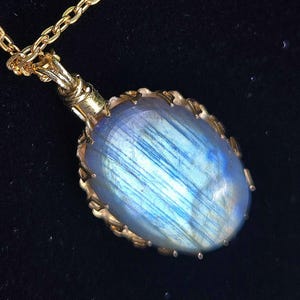 Rainbow Labradorite Pendant: Antique Brass Setting, 14k Gold Plated Chain