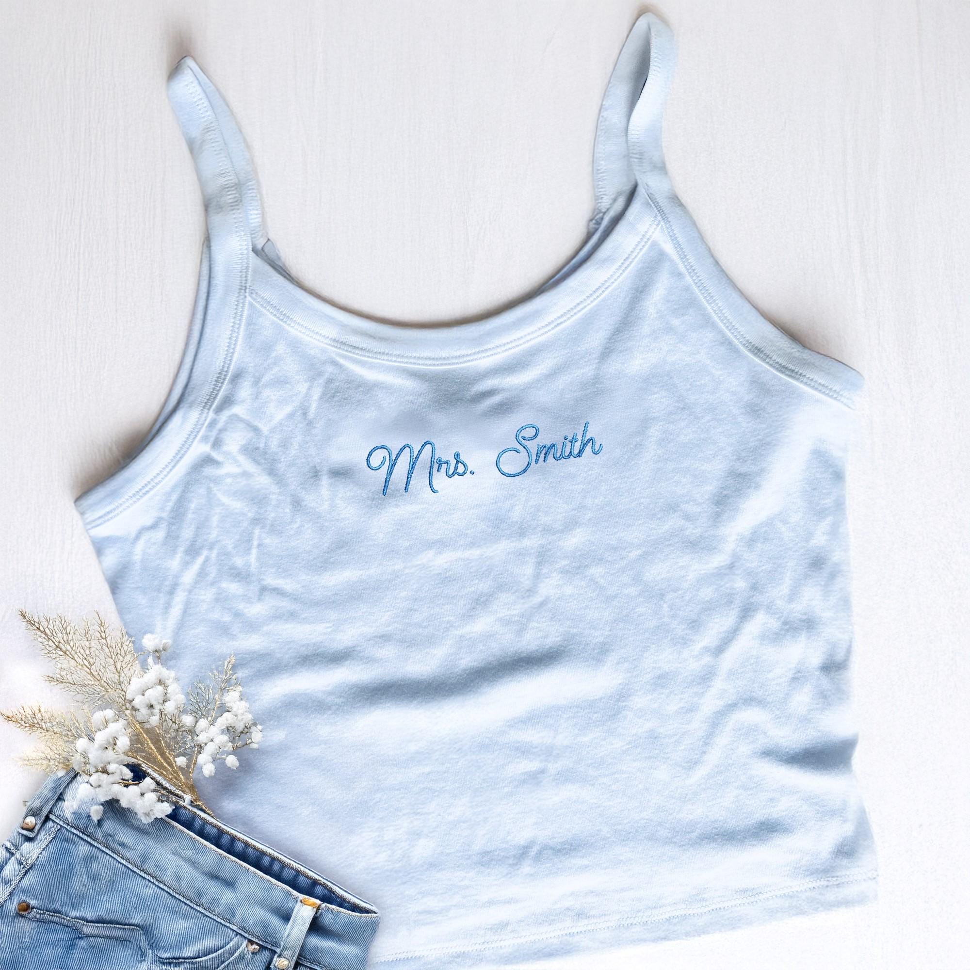 Embroidered Spaghetti Strap Baby Tee Tank Top, Mrs. Tank, Bride Shirt, Bridesmaid Tank Top, Personalized  Bridal Shower Gift,Engagement Gift
