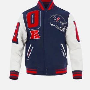 Houston Texans Mashup Classic Rib Navy And White Varsity Satin Jacket,blue varsity satin jacket, satin varsity, varsity jacket, bomber .